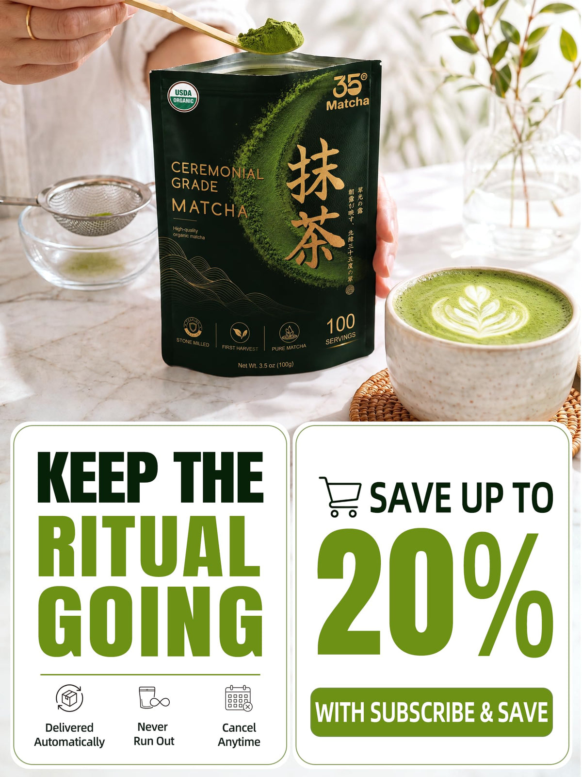 35°N MATCHA 100g/3.5 oz USDA Organic Ceremonial Grade Matcha Powder
